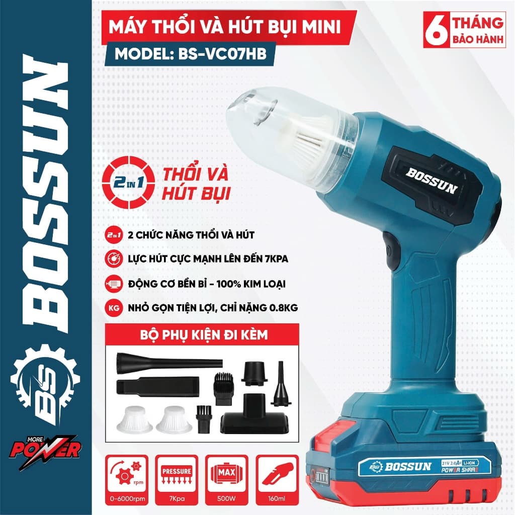 Máy hút thổi bụi dùng pin mini BS BOSSUN BS-VC07HB, Lực 7kpa, Vừa thổi vừa hút, Đi kèm 3 lõi lọc