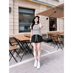 Bộ Đồ Thun Nữ Áo Cộc Tay Quần Short Họa Tiết Kẻ Sọc Chữ Letter – Bộ Đồ Nữ Dễ Thương Mặc Nhà Đi Chơi 3