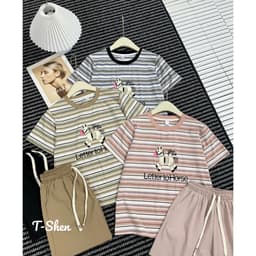 Bộ Đồ Thun Nữ Áo Cộc Tay Quần Short Họa Tiết Kẻ Sọc Chữ Letter – Bộ Đồ Nữ Dễ Thương Mặc Nhà Đi Chơi 7