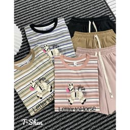 Bộ Đồ Thun Nữ Áo Cộc Tay Quần Short Họa Tiết Kẻ Sọc Chữ Letter – Bộ Đồ Nữ Dễ Thương Mặc Nhà Đi Chơi 9