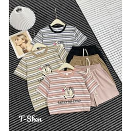 Bộ Đồ Thun Nữ Áo Cộc Tay Quần Short Họa Tiết Kẻ Sọc Chữ Letter – Bộ Đồ Nữ Dễ Thương Mặc Nhà Đi Chơi 5