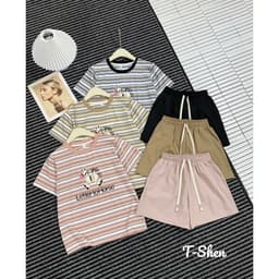 Bộ Đồ Thun Nữ Áo Cộc Tay Quần Short Họa Tiết Kẻ Sọc Chữ Letter – Bộ Đồ Nữ Dễ Thương Mặc Nhà Đi Chơi 1
