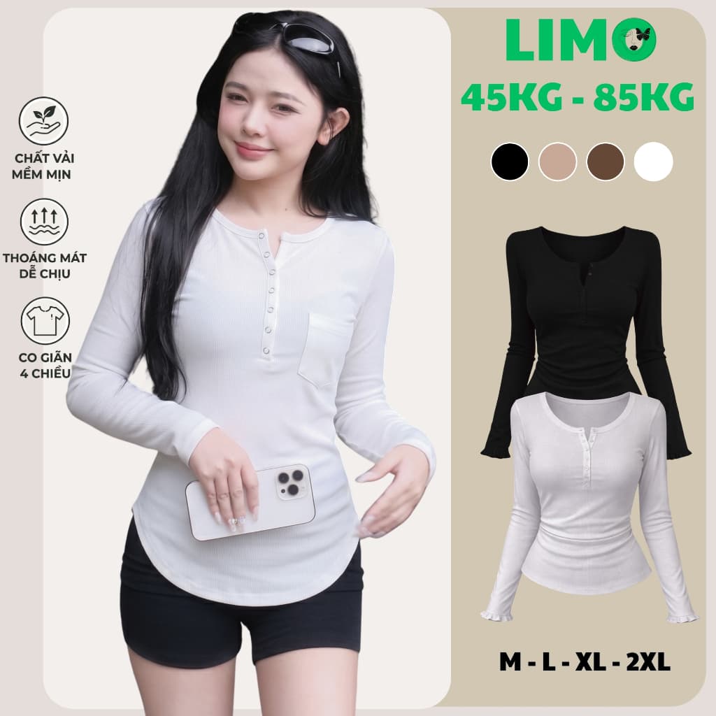 Áo Thun Nữ Bigsize 45-85kg Tay Dài Có Nút Ôm Body Trễ Vai Dễ Thương Babytee LIMO MS010