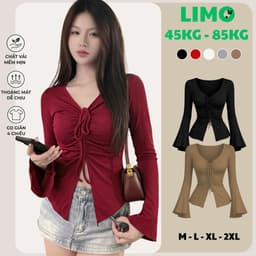 [Có Bigsize 45-85kg] Áo Thun Nữ Tay Dài Cổ V Rút Dây Thun Gân Ôm Dáng Dễ Thương LiMo MS065 1