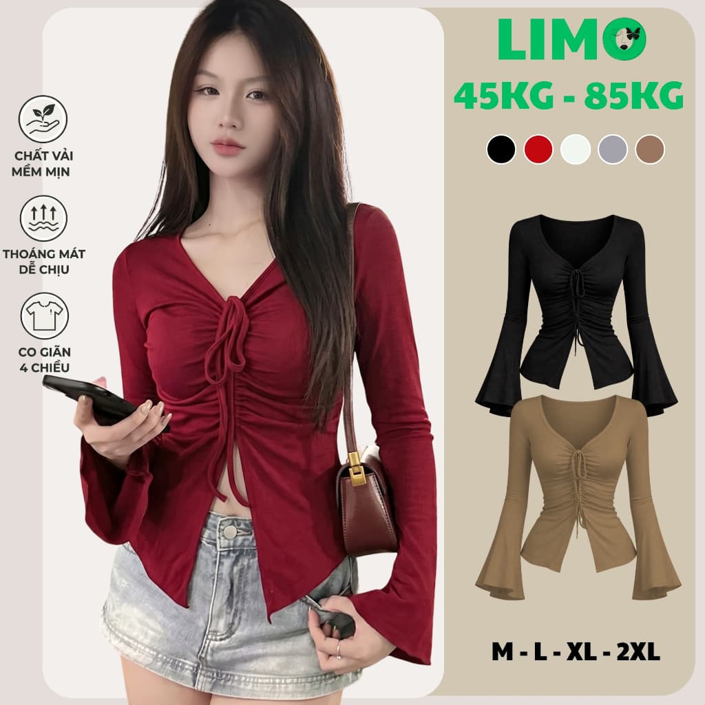 [Có Bigsize 45-85kg] Áo Thun Nữ Tay Dài Cổ V Rút Dây Thun Gân Ôm Dáng Dễ Thương LiMo MS065