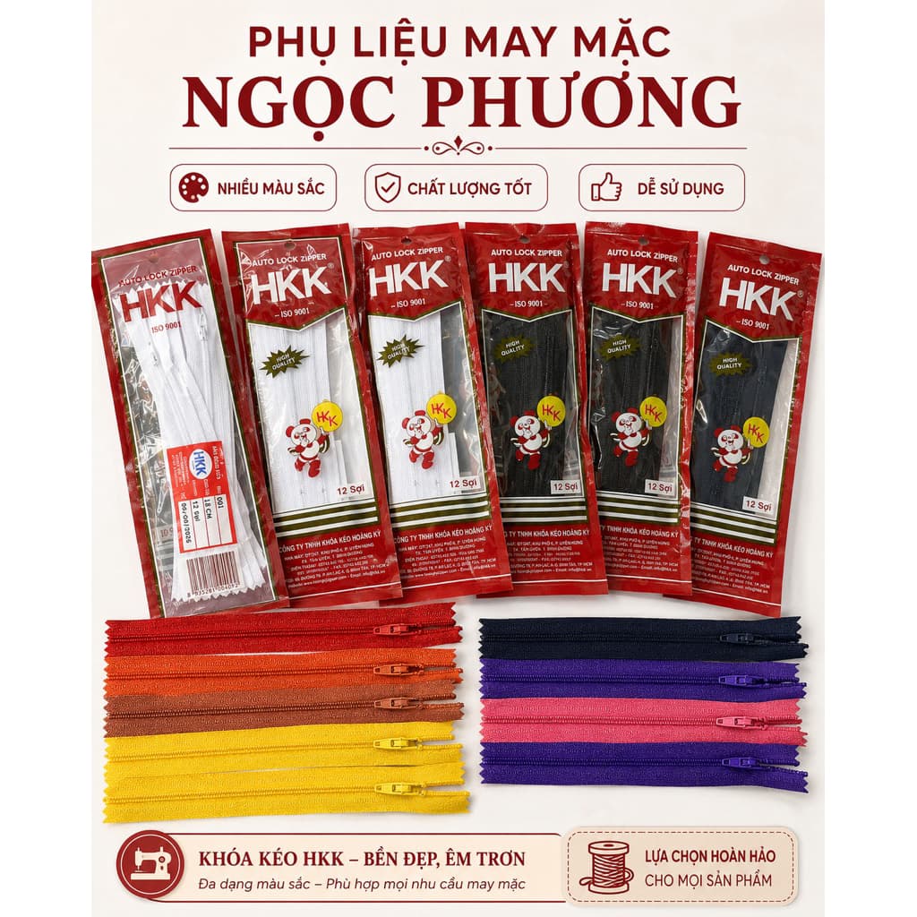 Dây kéo quần tây HKK túi 12 sợi, dây kéo gấu đỏ dài 18cm.