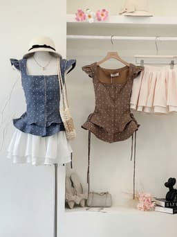 Set váy ngắn, Set thiết kế chất Tuyết Mưa áo cổ vuông chấm bi full phối chân váy dáng mini có lót 2