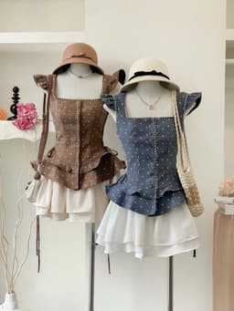 Set váy ngắn, Set thiết kế chất Tuyết Mưa áo cổ vuông chấm bi full phối chân váy dáng mini có lót 5