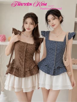 Set váy ngắn, Set thiết kế chất Tuyết Mưa áo cổ vuông chấm bi full phối chân váy dáng mini có lót 1