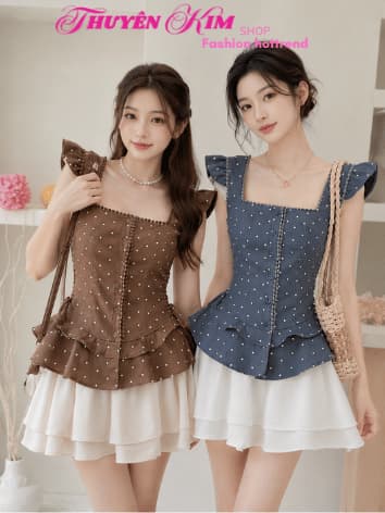 Set váy ngắn, Set thiết kế chất Tuyết Mưa áo cổ vuông chấm bi full phối chân váy dáng mini có lót