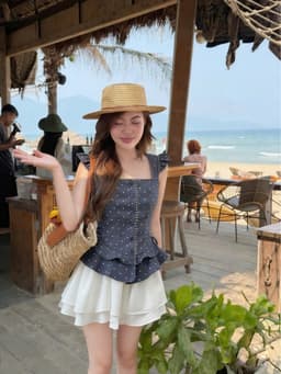 Set váy ngắn, Set thiết kế chất Tuyết Mưa áo cổ vuông chấm bi full phối chân váy dáng mini có lót 3