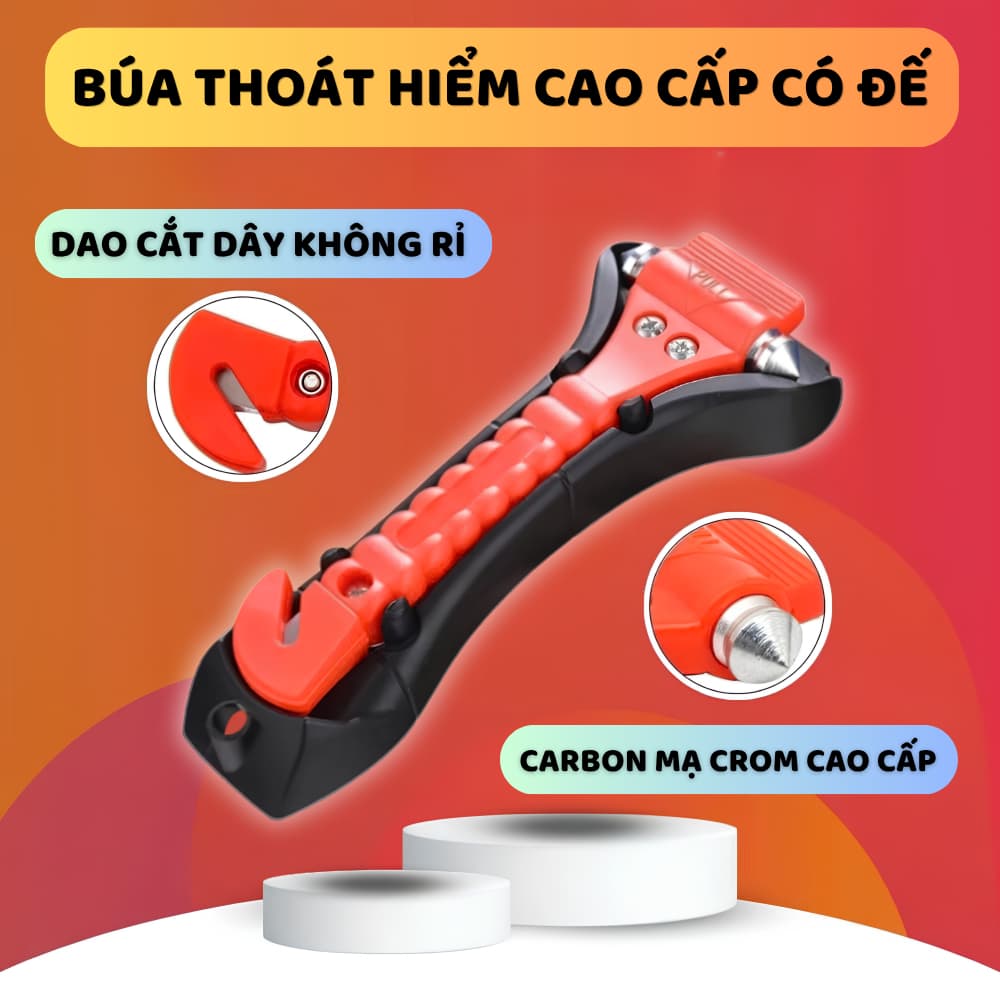 Búa thoát hiểm đục kiếng cao cấp có đế, búa cứu hộ an toàn cho xe hơi, búa phá kính ô tô, cửa sổ cắt dây an toàn