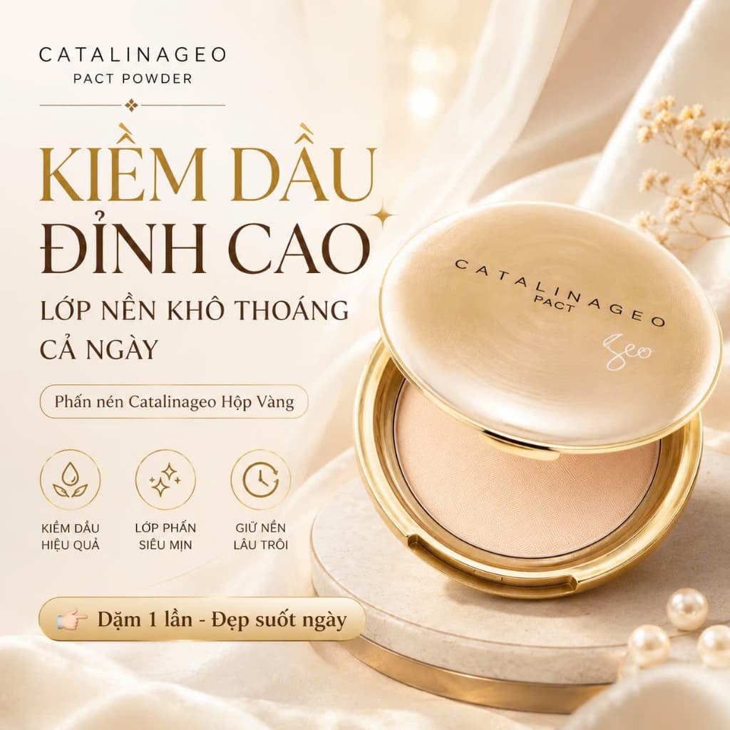 Phấn Phủ Kiềm Dầu Catalina GEO Vàng Hàn Quốc 25g – Siêu Mịn, Lâu Trôi, Mỏng Nhẹ Nâng Tông Tự Nhiên