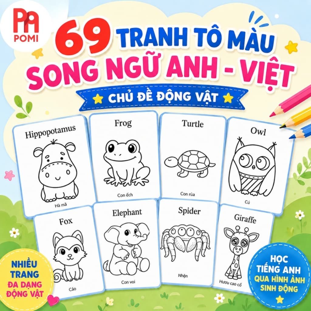 69 Hình Tô Màu Động Vật Cho Bé Tiếng Anh & Tiếng Việt - Đồ Chơi Giáo Dục Thông Minh Cho Bé - POMI