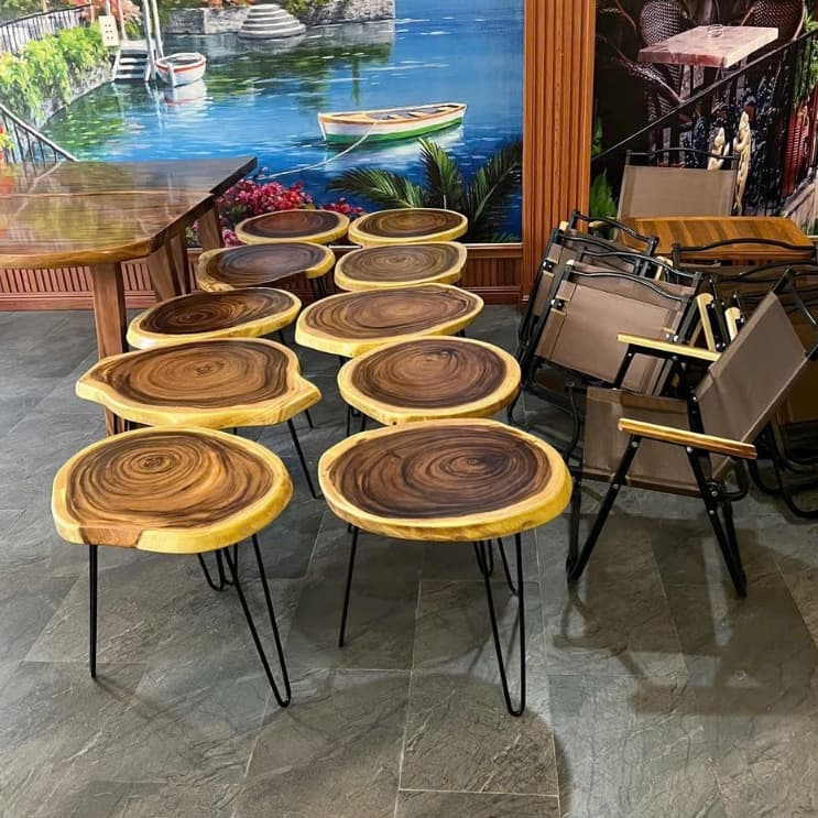 Bàn Ghế Tròn Gỗ Me Tây Kèm Chân Sắt Hairpin, Ngồi Cafe, Bàn Trà, Quán Nước, Ban Công