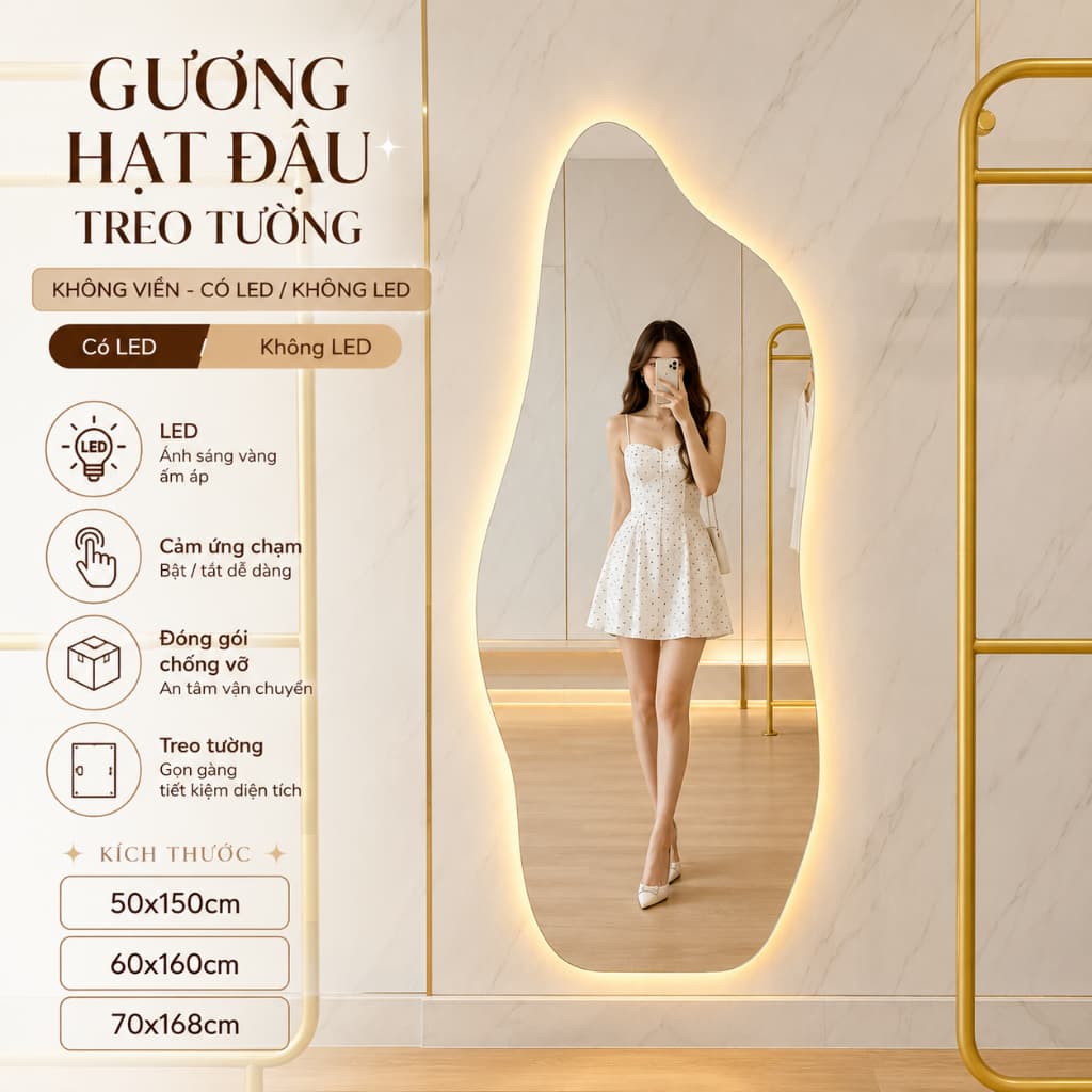 Gương hạt đậu không viền, gương soi toàn thân decor phòng ngủ shop quần áo 70x168cm
