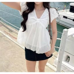 Áo babydoll thô boi phối tơ cổ V dáng bí phồng phong cách trẻ trung tiểu thư sang trọng MS158 3