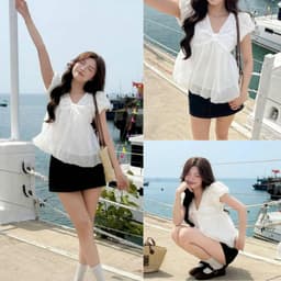 Áo babydoll thô boi phối tơ cổ V dáng bí phồng phong cách trẻ trung tiểu thư sang trọng MS158 1