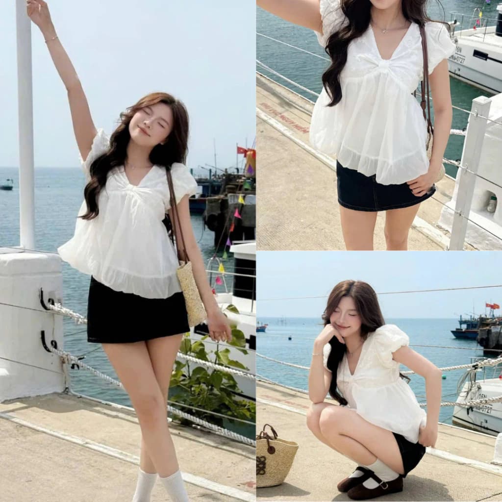 Áo babydoll thô boi phối tơ cổ V dáng bí phồng phong cách trẻ trung tiểu thư sang trọng MS158