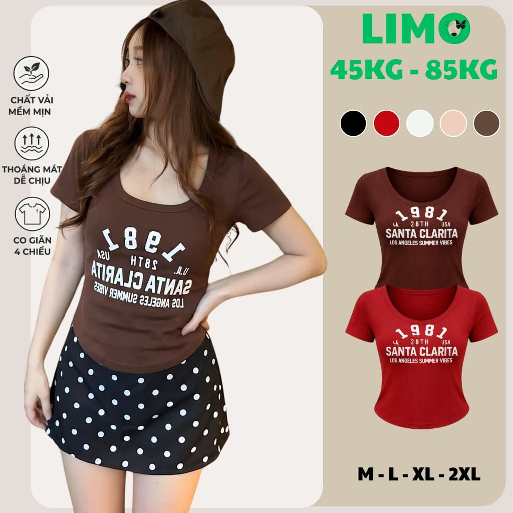 Áo Croptop Nữ Bigsize 45-85kg Form Ôm Body Tay Ngắn Áo Thun Cổ Tròn Co Giãn In Hình LIMO MS001
