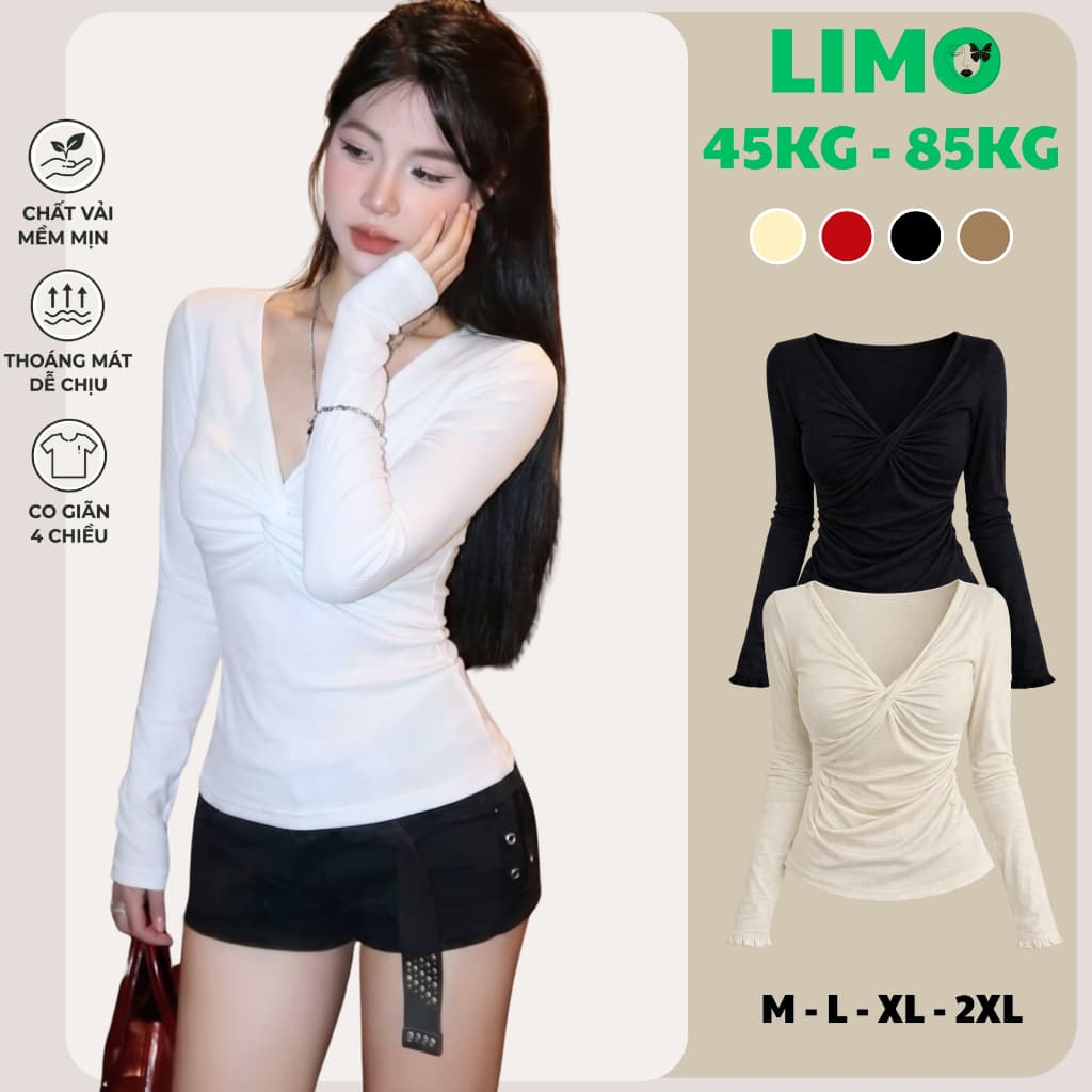 Áo Thun Nữ Tay Dài Nữ Big Size Thiết Kế Kiểu Xoắn Ngực LIMO Áo Thun Chất Thun Tăm Mềm Mịn MS085TD