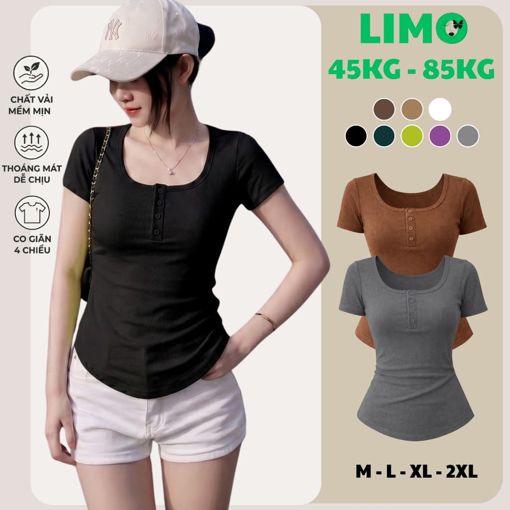 Áo Thun Nữ Tay Ngắn Cổ Vuông Có Nút  Bigsize LiMo Áo Kiểu Nữ Mặc Hè Thoài Mái Đẹp Dễ Thương MS201