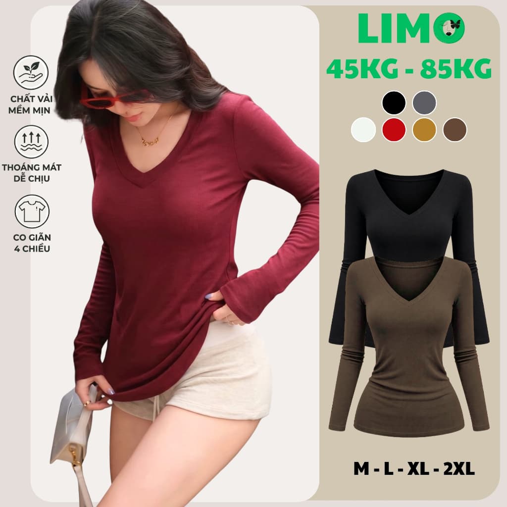 Áo Thun Nữ Bigsize Tay Dài Cổ V Ôm Dáng Áo Thun Dài Tay Form Ôm Body Trẻ Trung Dễ Thương LIMO MS217