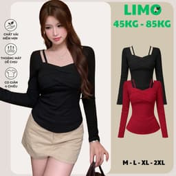 [Có Bigsize] Áo Thun Nữ Tay Dài Cổ 2 Dây Bo Chun Thun Gân Tăm Co Giãn Ôm Dáng Tôn Body LIMO MS482T 1