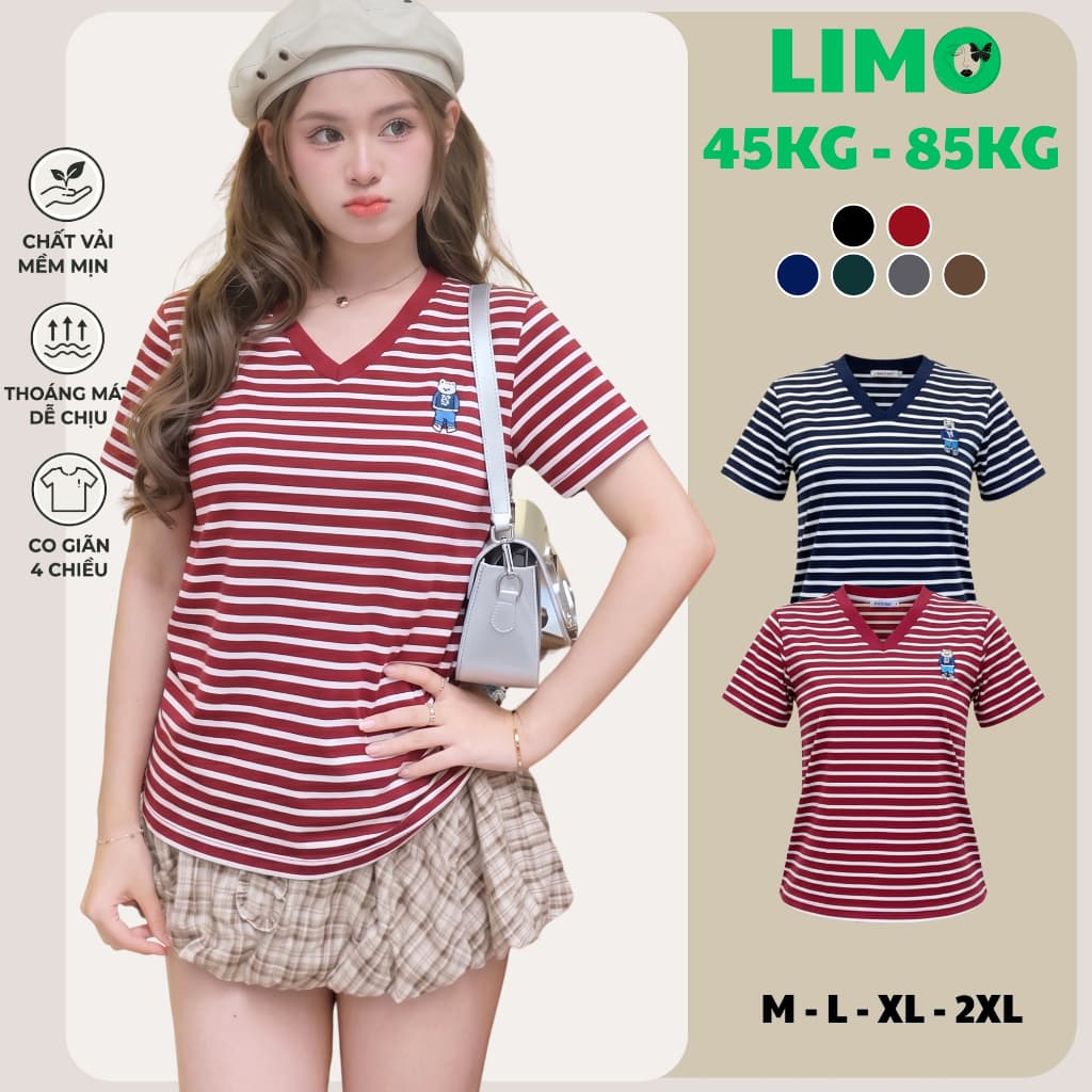 Áo Thun Nữ Cổ Tim Bigsize LIMO Áo Tay Ngắn Kẻ Sọc Đẹp Chất Thun Cotton Mềm Mịn Dễ Thương MS496