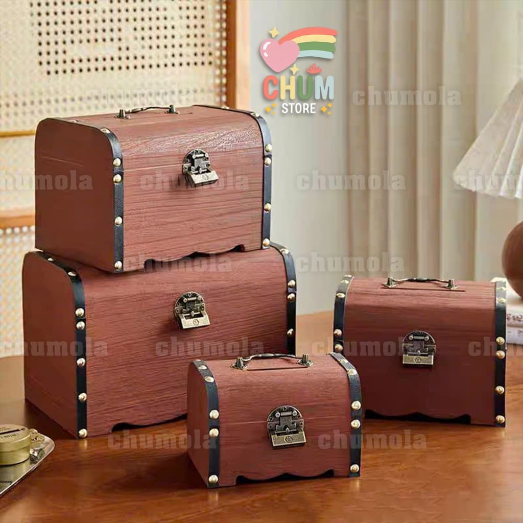 Hộp đựng đồ có khóa rương gỗ 4 size phong cách cổ trang phụ kiện trang trí chụp ảnh