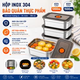 Combo 5/10 Hộp Đựng Thực Phẩm Inox 304 Cao Cấp, Nắp Hút Chân Không Kín Mùi, Chống Tràn 1200ML/1500ML 1