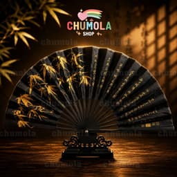 Quạt xếp HOÀNG TRÚC nền đen chữ vàng phụ kiện chụp ảnh cổ trang cầm tay 1