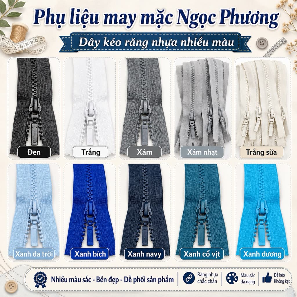 sợi Dây kéo áo khoác 50cm 70cm răng phao Hkk (1lố 12 sợi)