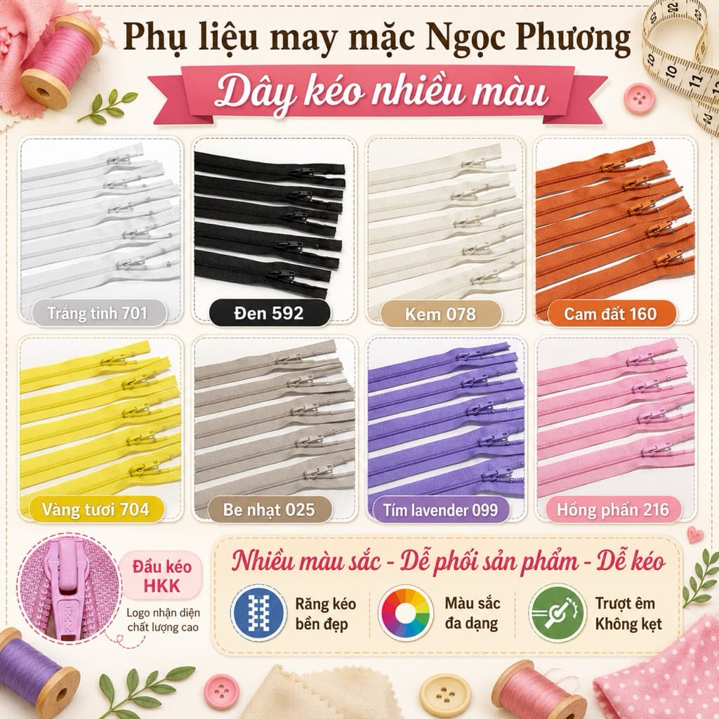 Dây kéo HKK 70cm răng 5 cước thay khoá áo khoác túi xách Balô