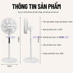 Quạt Cây Đứng Điện Tử 7 Cánh PIP 389, Quạt Điện Tử 8 Chế Độ Hẹn Giờ Thông Minh, Điều Khiển Từ Xa 2