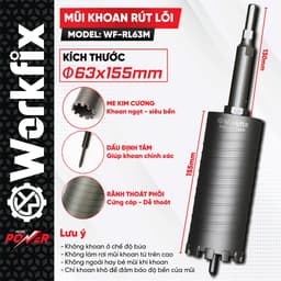 Mũi rút lõi có định tâm WORKFIX WF-RL63M, Kích thước 63x155mm, Chuôi dài 13cm, Có rãnh thoát phôi 1