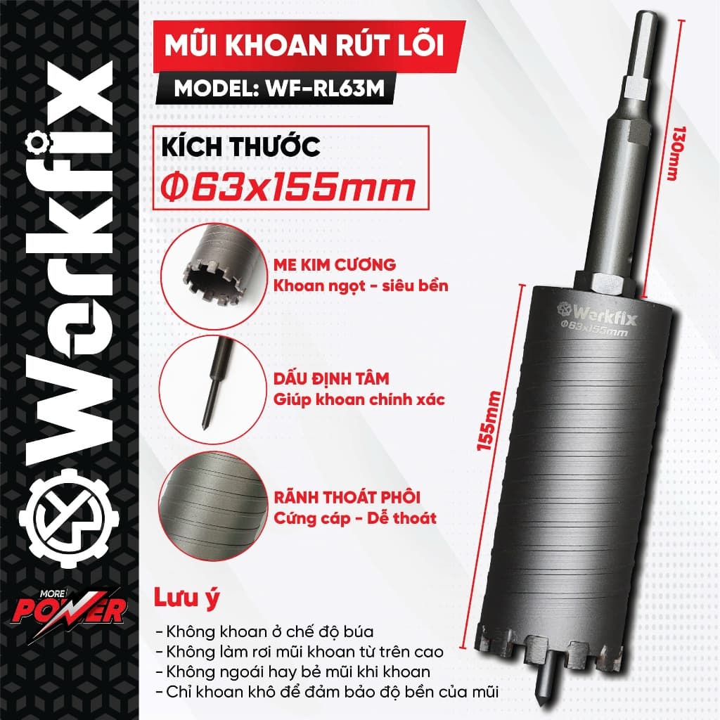 Mũi rút lõi có định tâm WORKFIX WF-RL63M, Kích thước 63x155mm, Chuôi dài 13cm, Có rãnh thoát phôi