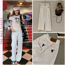 𝑨𝒏𝒏 𝑺𝒕𝒖𝒅𝒊𝒐 [SẴN L]𝐖𝐆𝐖𝐄/ Quần Kaki Suông Trắng Thêu Ngựa 9816, Quần Kaki Nữ Ống Rộng Lưng Cao Chất Mềm Basic 1