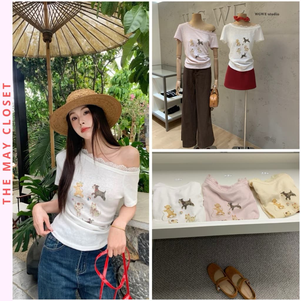 [SẴN] 𝑻𝒉𝒆𝑴𝒂𝒚 x 𝐖𝐆𝐖𝐄/ Áo Thun Lệch Vai Nữ Cotton Giấy Viền Ren WG.WE 9645, Áo Thun Trễ Vai In Hình Cún Ngắn Tay Ôm Dáng
