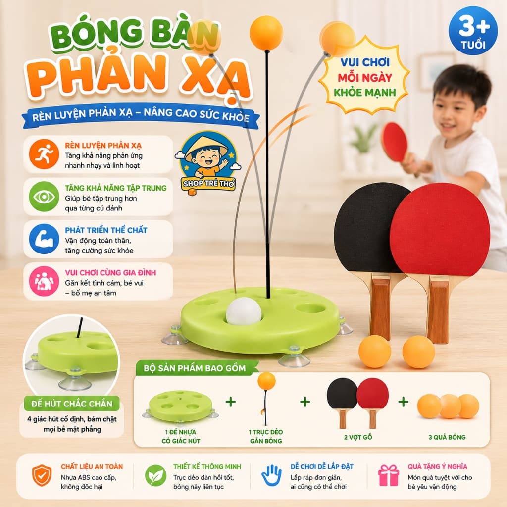 Bộ đồ chơi bóng bàn phản xạ cho bé tự tập trong nhà kèm 2 vợt 3 bóng tập trung vận động