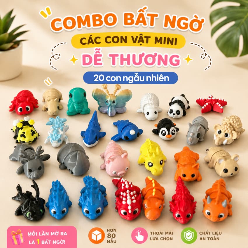 Hộp bất ngờ, 20 mô hình Động Vật In 3D Flexi ngẫu nhiên, cực dễ Thương