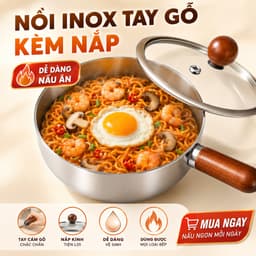 Bát/tô inox kiểu Nhật nồi inox 17cm có tay cầm bằng gỗ và nắp đậy dùng để nấu mì hâm nóng sữa phù hợp cho bếp gas và bếp 1