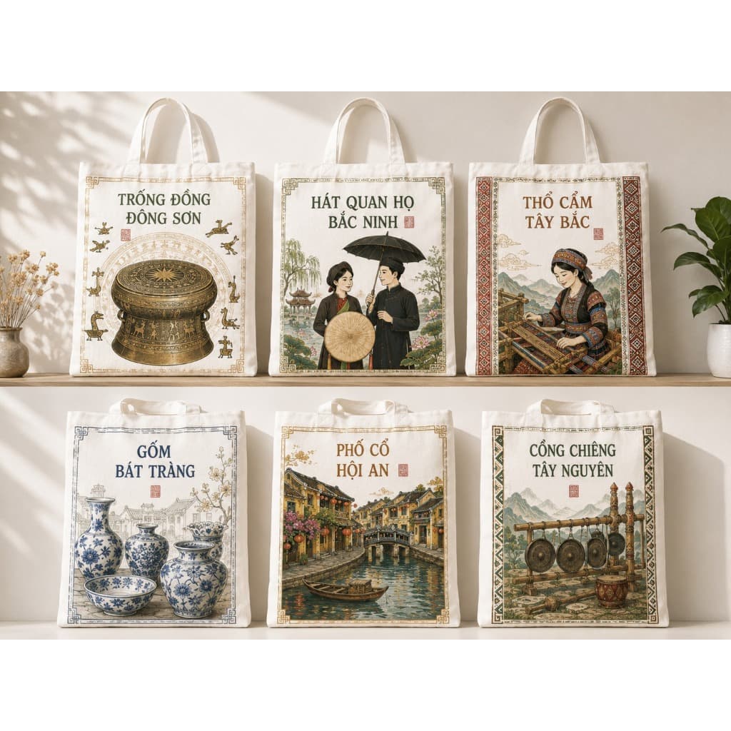 Túi tote có khóa in hình Văn Hóa Nghệ Thuật Việt túi vải canvas đeo vai Nghệ Thuật Việt Nam kích thước 35x40cm tota0318