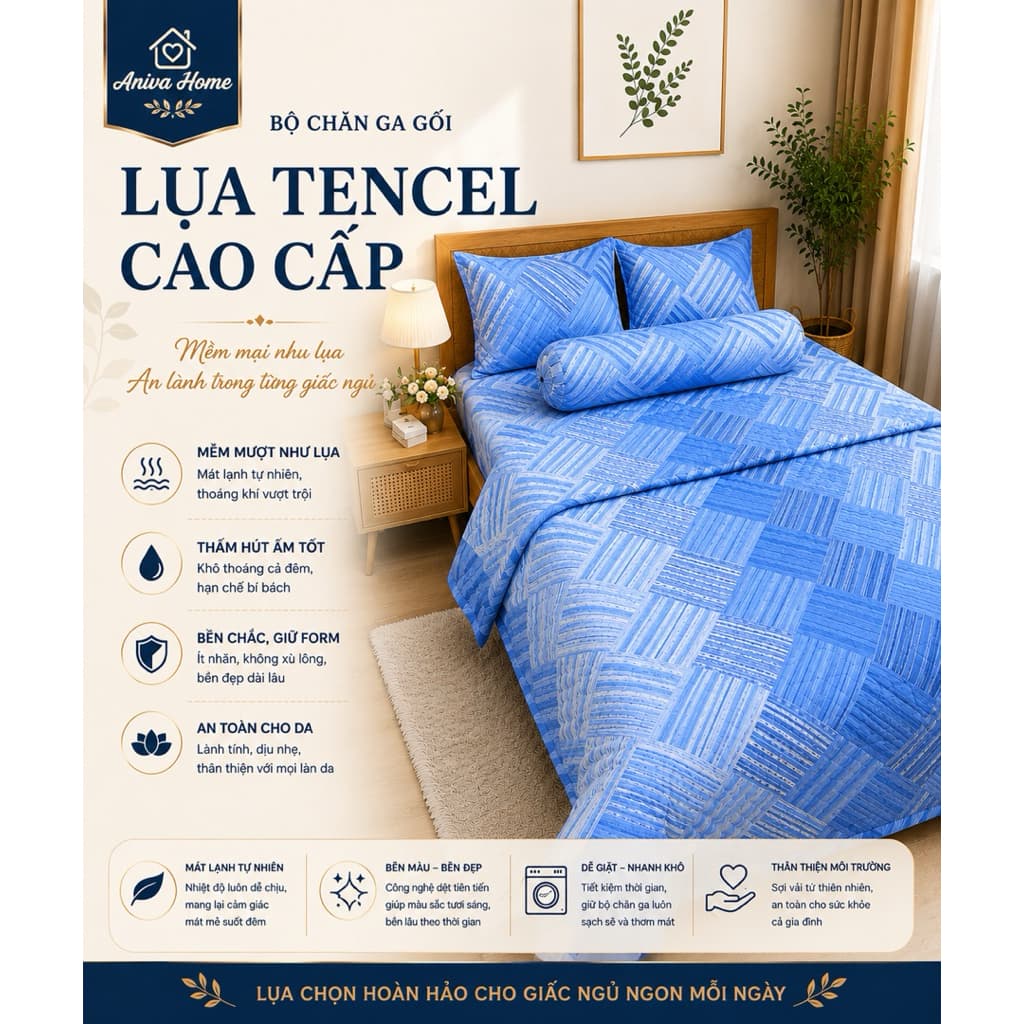 Bộ Chăn Ga Gối Lụa Tencel 5 Món 1m6 Aniva Home Cao Cấp Mềm Mịn Thoáng Mát Gối 50x70 Gối Ôm 35x100