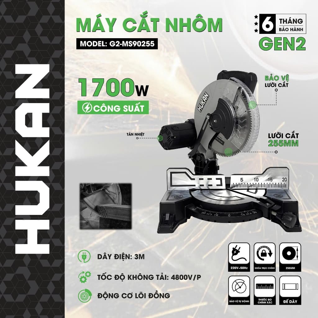 Máy cắt nhôm HUKAN G2-MS90255, Công suất 1700W, Lưỡi 255mm - Động cơ dây đồng 100%