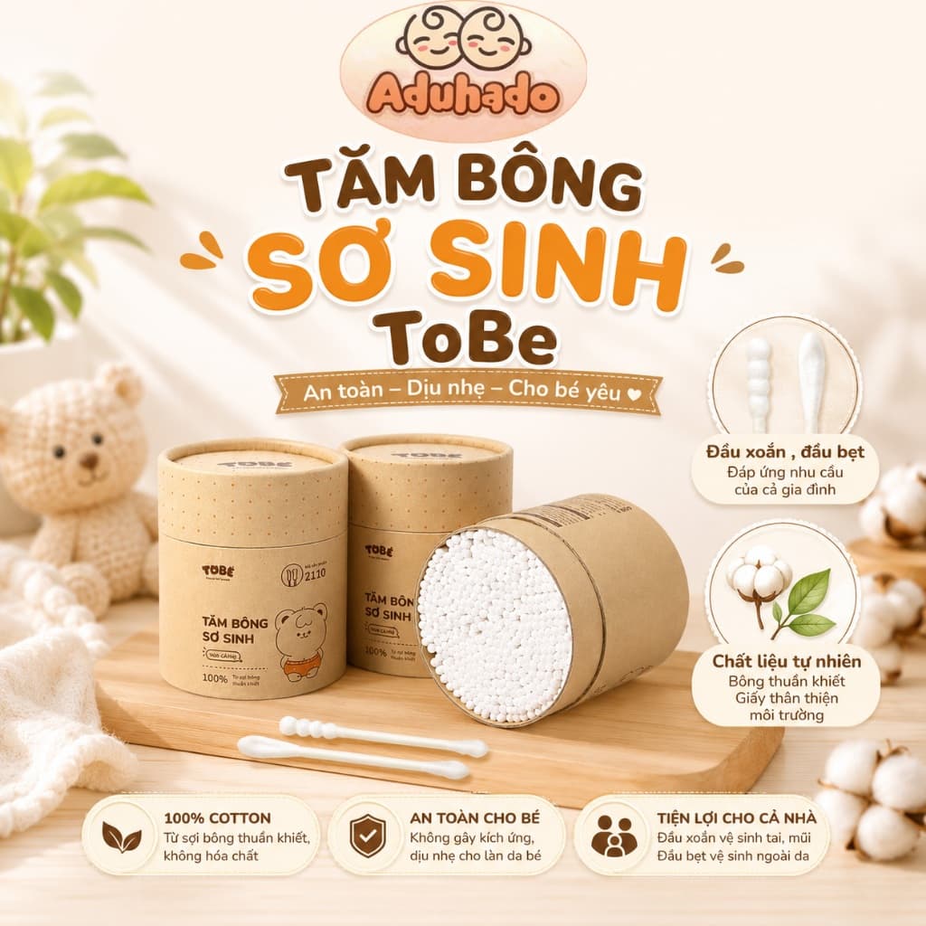 Tăm bông sơ sinh hãng TOBÉ an toàn cho bé, tiện lợi cho cả gia đình hộp 400 que