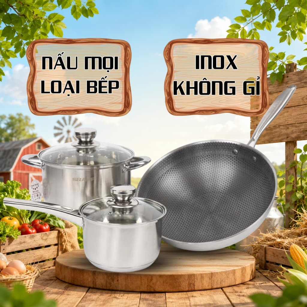 Bộ nồi Inox 3 món cao cấp sang trọng, chất liệu inox 304 không gỉ, đáy nồi 3 lớp đúc nguyên khối SH-358