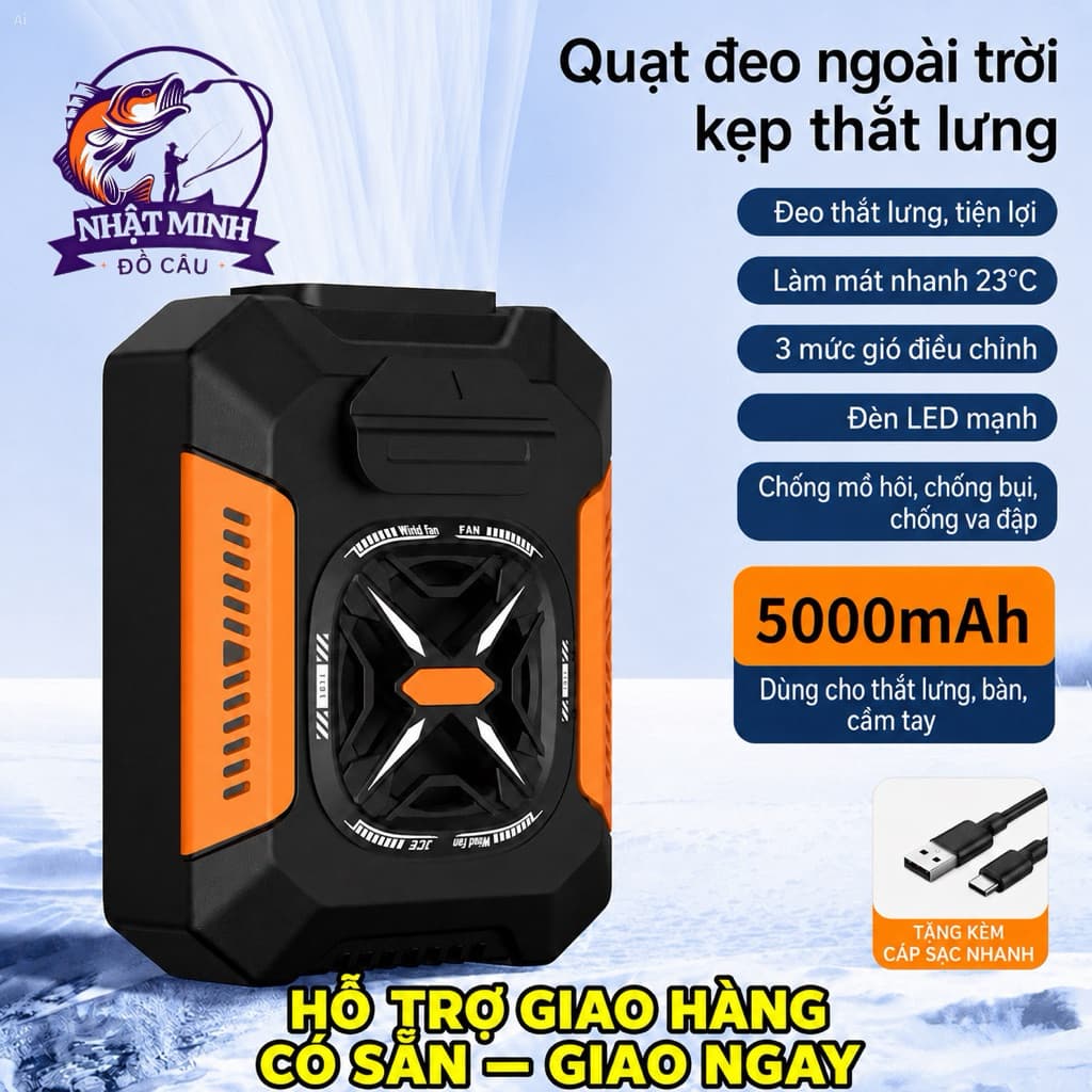 Quạt Đeo Thắt Lưng Tích Điện, Quạt Đeo Hông Pin Sạc Công Suất Lớn pin 5000 ( giao màu ngẫu nhiên)