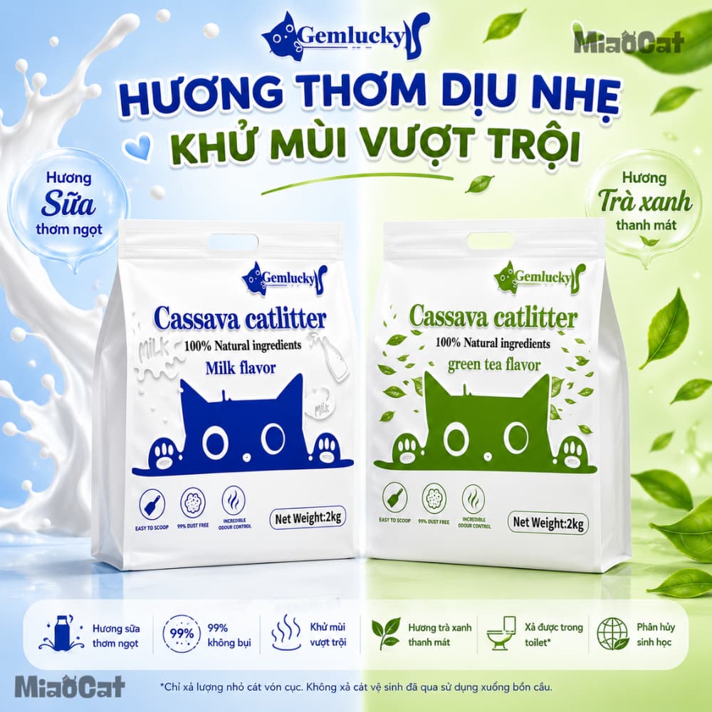 [Mua 3 Có Giá Sỉ] Cát Sắn Vệ Sinh Mèo Gemlucky 2kg Sợi Hữu Cơ Vón Cục Thấm Hút Kiểm Soát Mùi