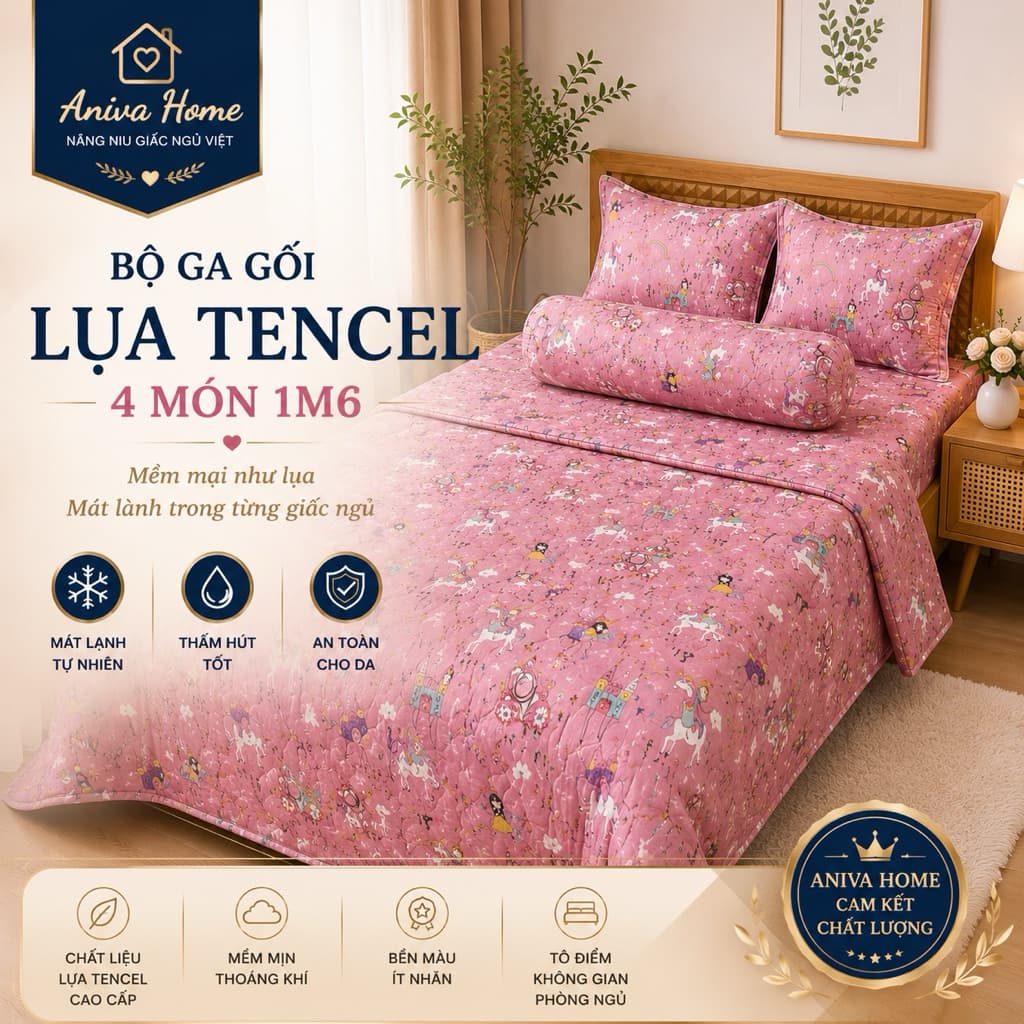 Bộ Ga Gối Lụa Tencel 4 Món 1m6 Aniva Home Cao Cấp Mềm Mát Thoáng Khí Ga Bọc Nệm 5-25cm